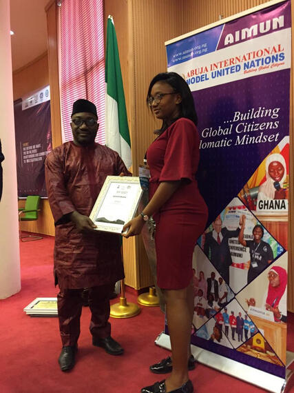 Best Delegate award at the 2020 Abuja Model United Nations Conference